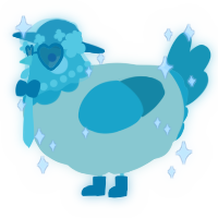 A gluppy and turquoise chicken with a head pattern