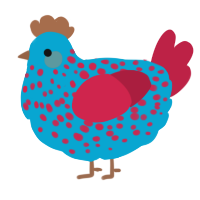 A cerulean and crimson chicken with a speckle pattern