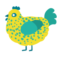 A yellow and turquoise chicken with a speckle pattern