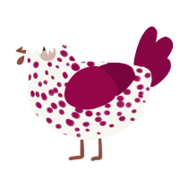 A white and maroon chicken with a speckle pattern