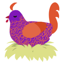 A violet and vermilion chicken with a double-lace pattern