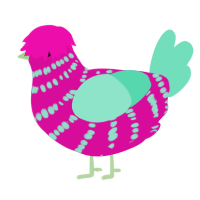 A fuchsia and mint chicken with a bar pattern