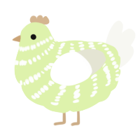 A apple and white chicken with a bar pattern