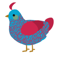 A cerulean and crimson chicken with a double-lace pattern