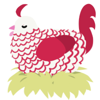 A white and crimson chicken with a lace pattern