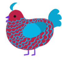 A crimson and cerulean chicken with a lace pattern
