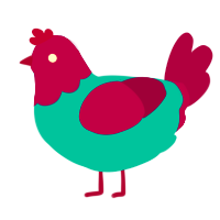 A teal and wine chicken with a head pattern