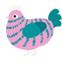 A pink and teal chicken with a bar pattern