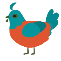 A vermilion and teal chicken with a head pattern