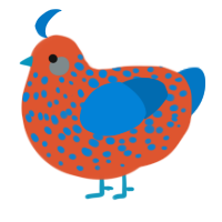 A vermilion and sapphire chicken with a speckle pattern
