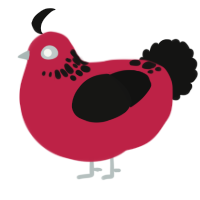 A crimson and black chicken with a neck-speckle pattern