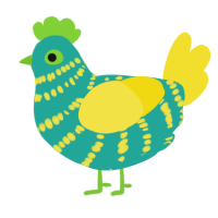 A turquoise and yellow chicken with a bar pattern