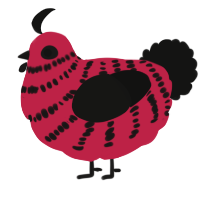 A crimson and black chicken with a bar pattern