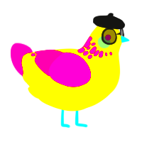 A yellow and fuchsia chicken with a neck-speckle pattern