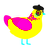 A yellow and fuchsia chicken with a neck-speckle pattern