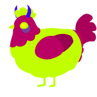 A lime and maroon chicken with a head pattern