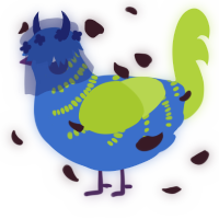 A gold and indigo chicken with a half-bar pattern