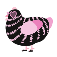 A black and pink chicken with a bar pattern