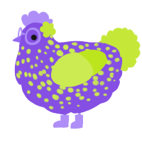A blurple and lime chicken with a speckle pattern