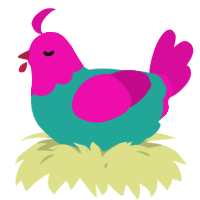 A turquoise and fuchsia chicken with a head pattern