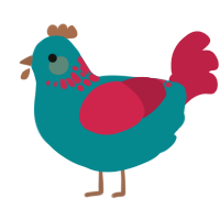 A teal and crimson chicken with a neck-speckle pattern