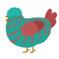 A turquoise and red chicken with a bar pattern