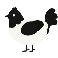 A white and black chicken with a head pattern