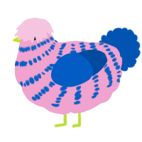 A pink and ultramarine chicken with a bar pattern