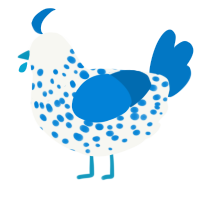 A white and sapphire chicken with a speckle pattern