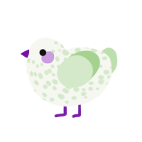 Aster, a white and gluppy chicken with a speckle pattern