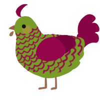 A chartreuse and maroon chicken with a lace pattern