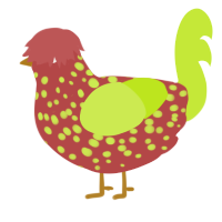 A red and lime chicken with a speckle pattern