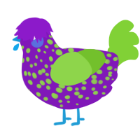 A violet and grass chicken with a speckle pattern
