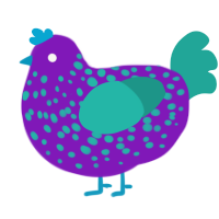 A violet and turquoise chicken with a speckle pattern