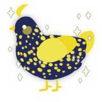 A navy and yellow chicken with a speckle pattern