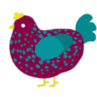 A maroon and teal chicken with a speckle pattern