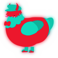 A crimson and teal chicken with a head pattern