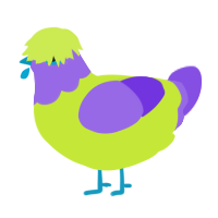 A lime and blurple chicken with a head pattern