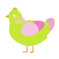 A lime and pink chicken with a neck-speckle pattern