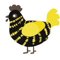 A black and yellow chicken with a bar pattern