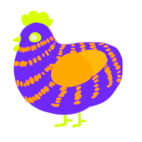 A chartreuse and ultramarine chicken with a bar pattern