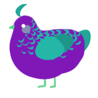 A violet and turquoise chicken with a half-lace pattern