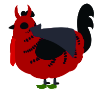 A maroon and black chicken with a half-bar pattern