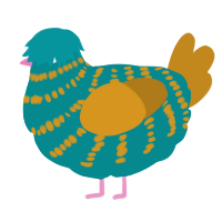 A teal and ochre chicken with a bar pattern