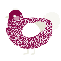 A maroon and white chicken with a double-lace pattern