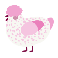 A white and pink chicken with a speckle pattern