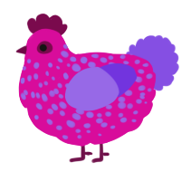 A fuchsia and blurple chicken with a speckle pattern