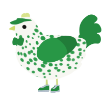 A white and viridian chicken with a speckle pattern