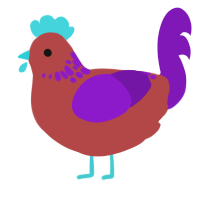 A red and violet chicken with a neck-speckle pattern