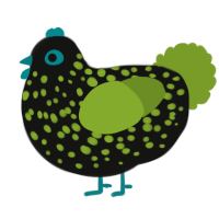 A black and chartreuse chicken with a speckle pattern